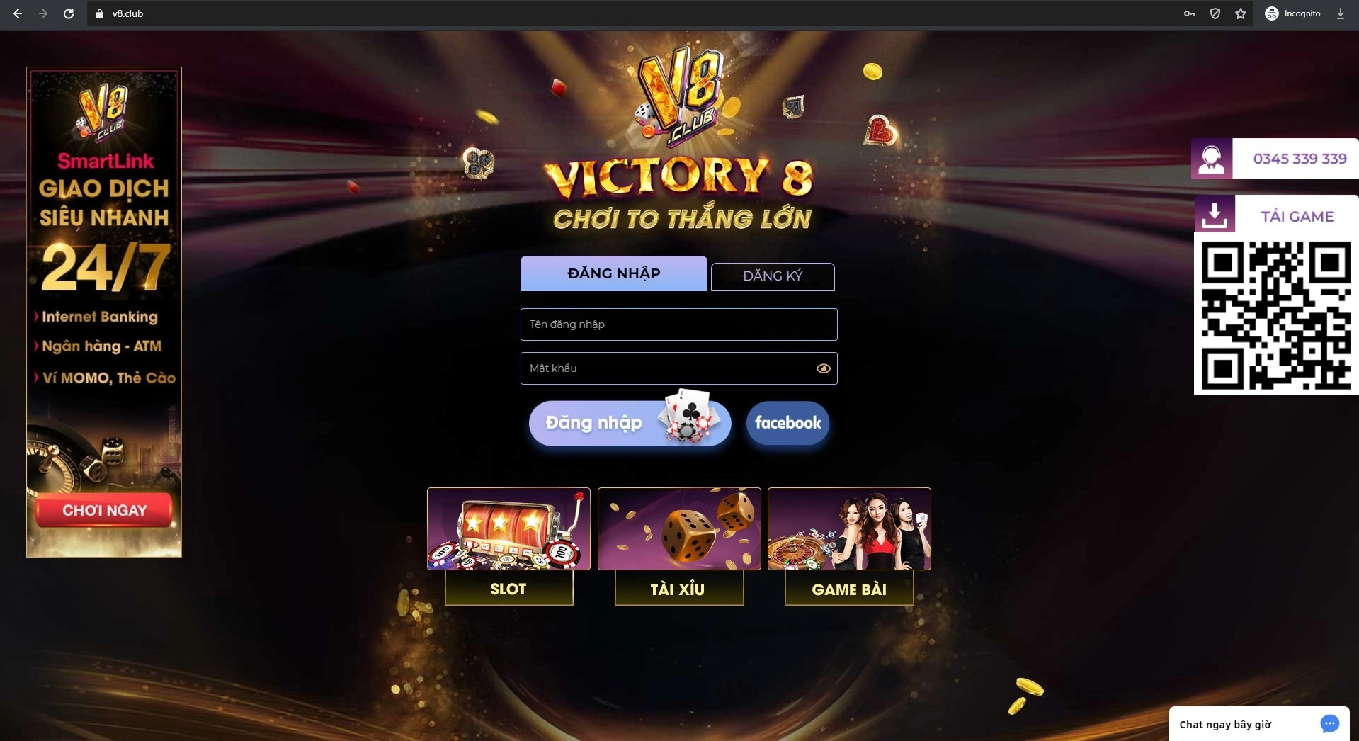 Truy cập trang game rồi click vào mục đăng ký V8club để tạo acc chơi game